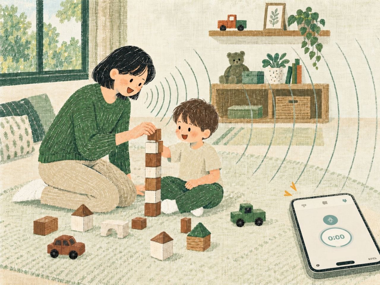 부모와 아이가 블록을 쌓고, 바닥에 놓인 기기가 그 소리를 녹음하는 모습